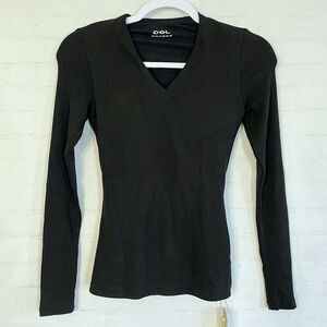 OGL V-Neck Long Sleeve Brami Top Womens XS Black Stretch Cotton Built In Bra Top